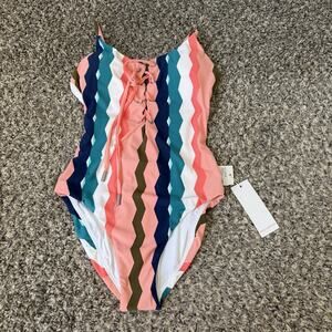 Red Carter Halter Plunge Neck One Piece Swimsuit Strappy Lace Up US S New